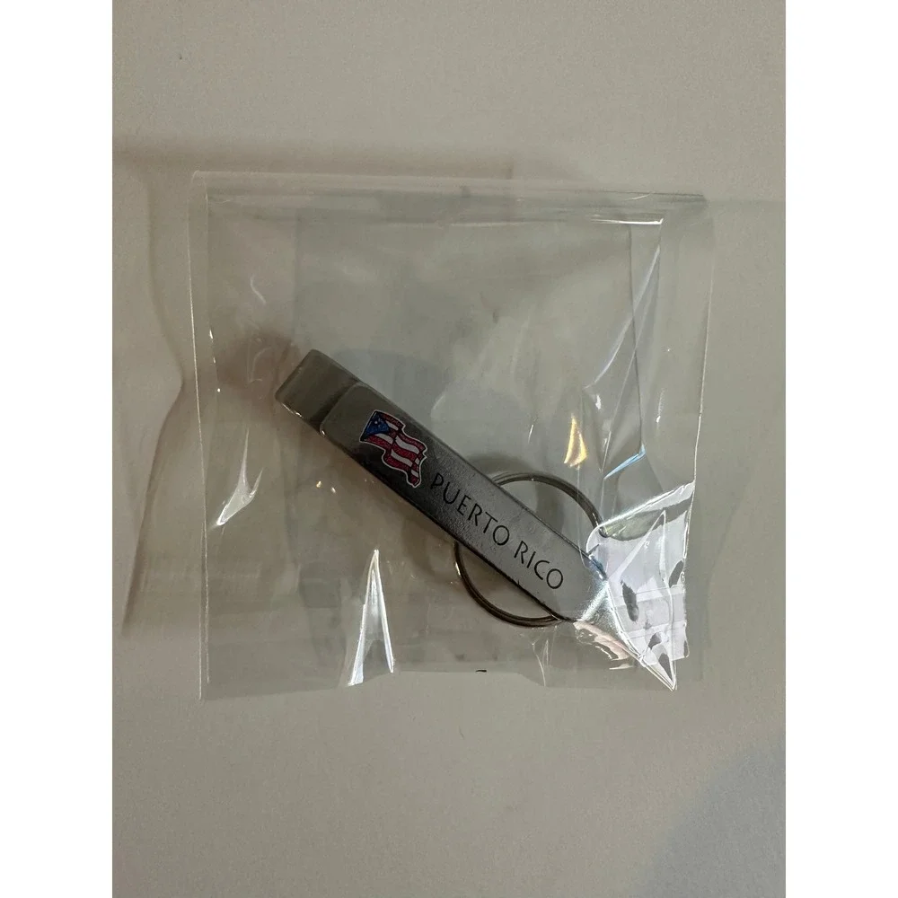 Puerto Rico Flag Bottle Opener Keychain Silver Tone Metal Souvenir Key Ring